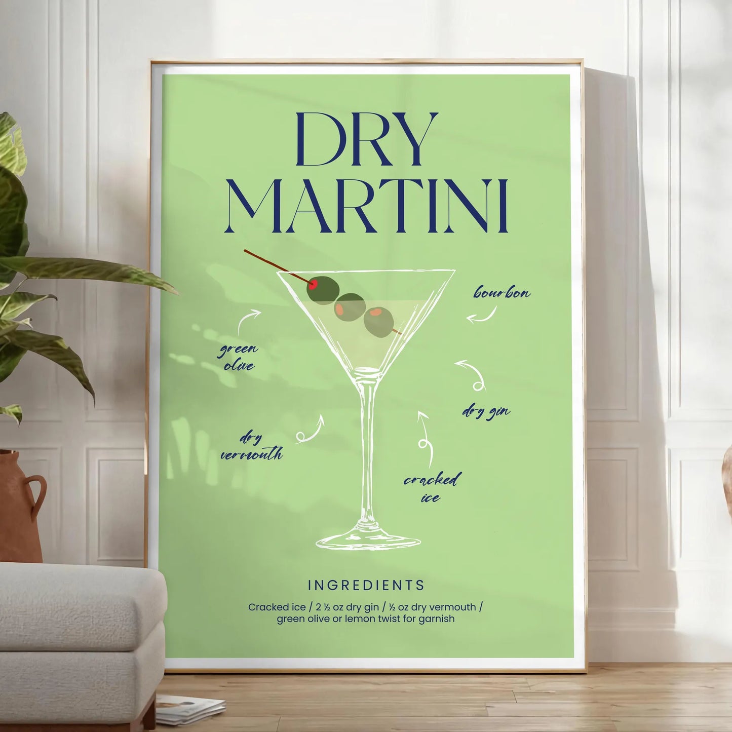 space stylish dry martini cocktail poster vibrant green blue hues wall art unique gift print splash elegance room lovers home décor enthusiasts sizes A4 A0